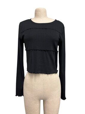 Loveriche Black Ribbed Long Sleeve Crop Top With Lettuce Hem Detailing Size Smal